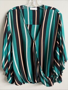 Ava Sky Fighting Eel Teal, Black & Cream  Stripe Kimono Sleeve Top Size L